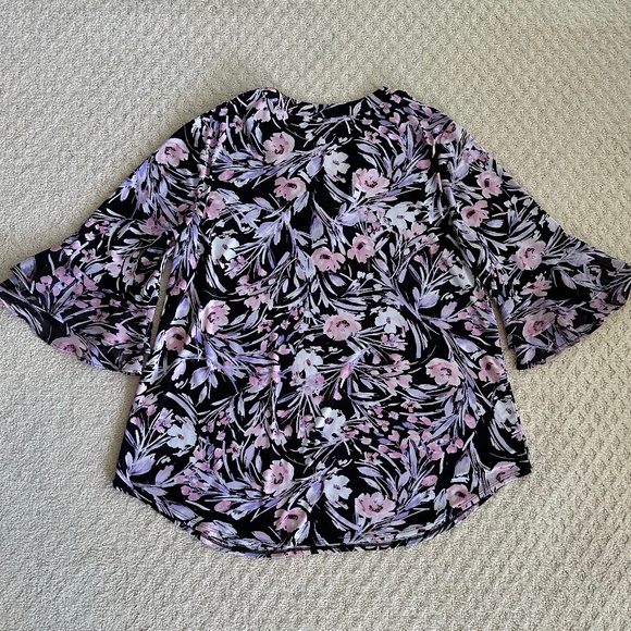 Kasper Floral Print Bell Sleeve Blouse/Top Split Neck Size 1X Office Career - Picture 7 of 12